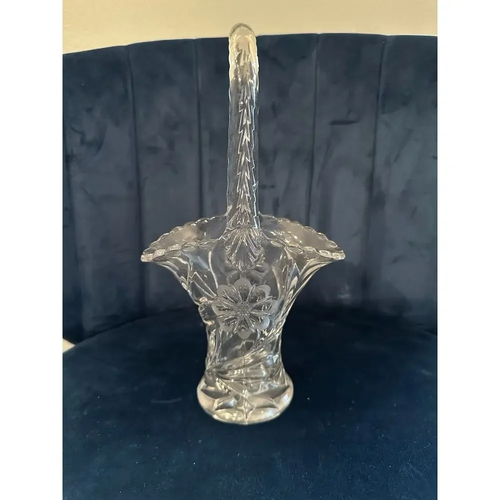 Vintage Clear Pressed Glass Floral Etched‎ Basket Scalloped Rim 11 Inch Tall